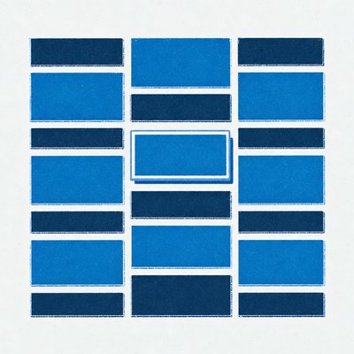 Cuadrícula impresa de fichas rectangulares en tres columnas, con una ficha central destacada por un contorno.