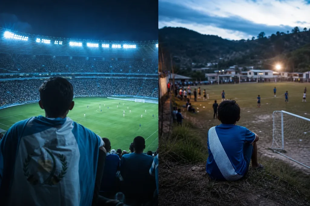 Imagen dividida en dos: a la izquierda un estadio grande e iluminado; a la derecha, un campo de pueblo al atardecer con un niño sentado junto a la portería.