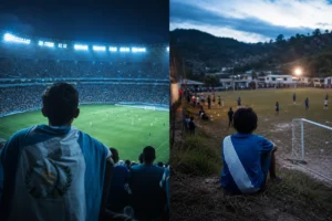 Imagen dividida en dos: a la izquierda un estadio grande e iluminado; a la derecha, un campo de pueblo al atardecer con un niño sentado junto a la portería.