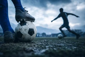 Primer plano de una bota apoyada sobre un balón gastado en un campo embarrado, con otro jugador golpeando el balón al fondo.