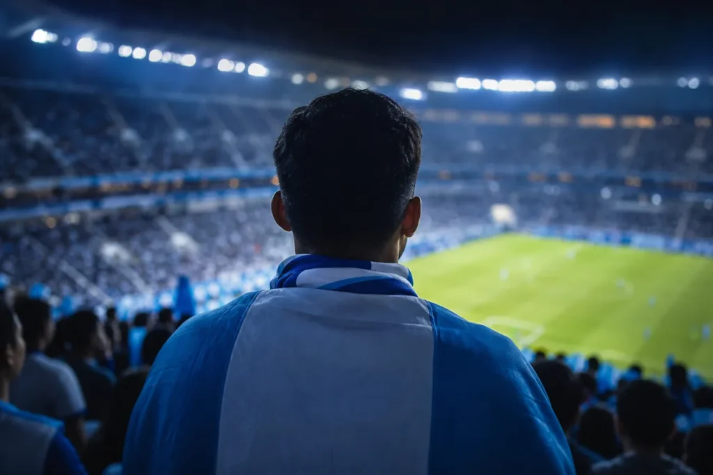 Un aficionado de espaldas, con una bufanda celeste y blanca, contempla el campo iluminado desde la grada.