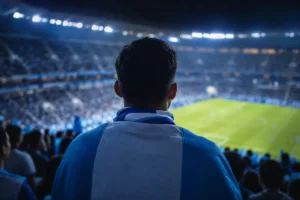 Un aficionado de espaldas, con una bufanda celeste y blanca, contempla el campo iluminado desde la grada.
