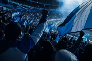 Aficionados con los brazos en alto y una gran bandera celeste y blanca ondeando en una grada llena.