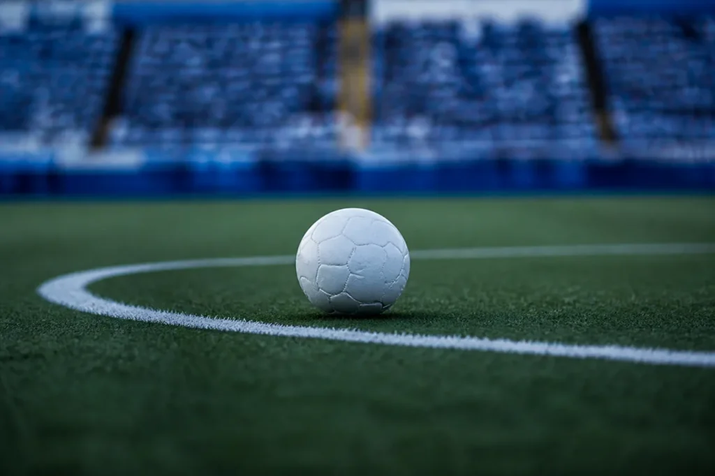 Un balón blanco sobre la línea del círculo central, con las gradas vacías y azules al fondo.