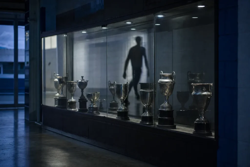 Vitrina acristalada de un club de fútbol con una hilera de trofeos plateados de distintas épocas.