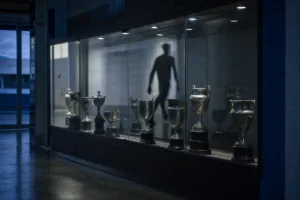 Vitrina acristalada de un club de fútbol con una hilera de trofeos plateados de distintas épocas.